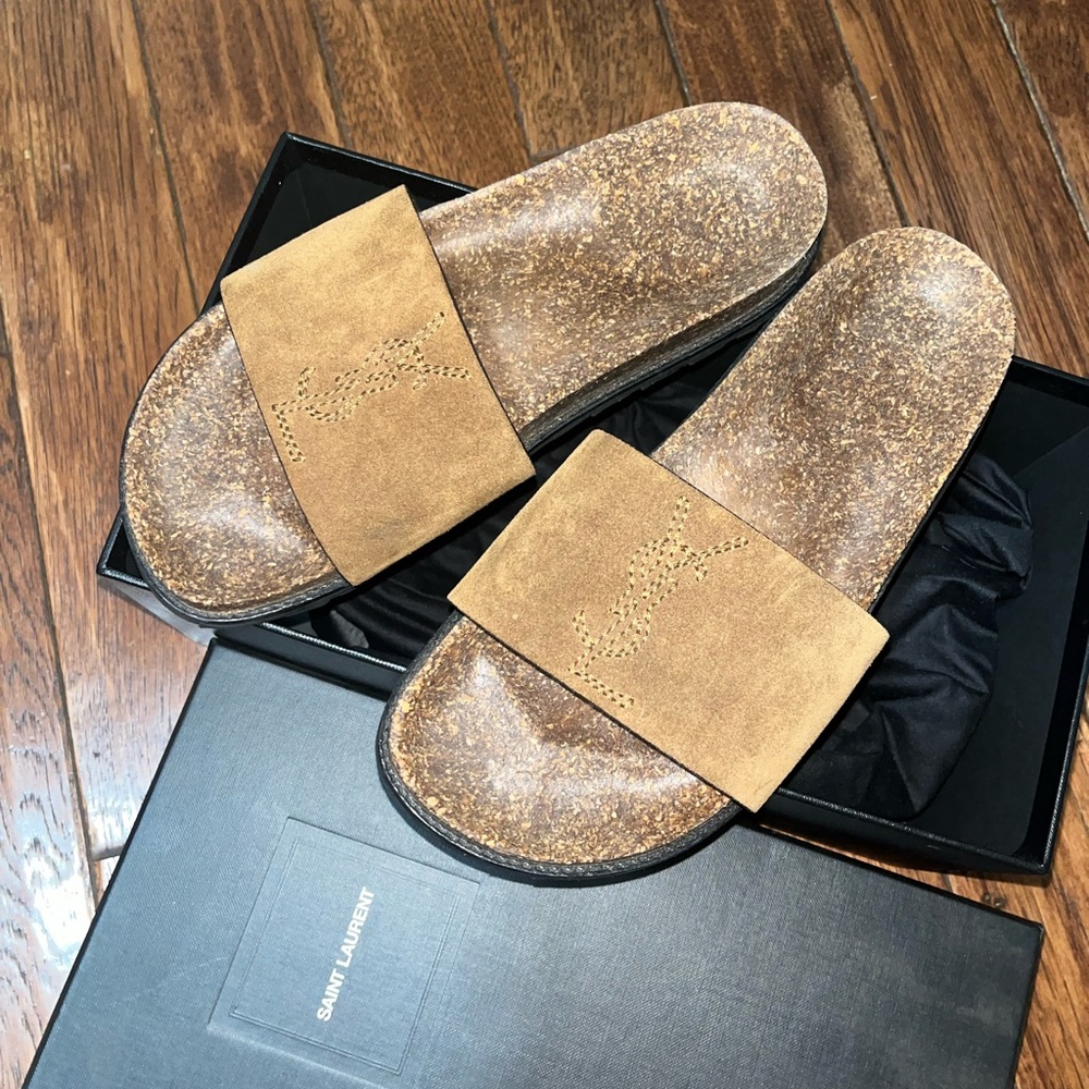 Saint Laurent Brown Suede Slide Sandals